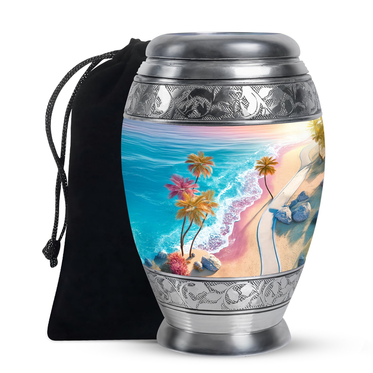 Cool Teal Beach Cremation Urn back view with polished surface - ornate monarch-style beach relief on brushed aluminum - full-size 10 inch 200 cubic inch adult cremation urn