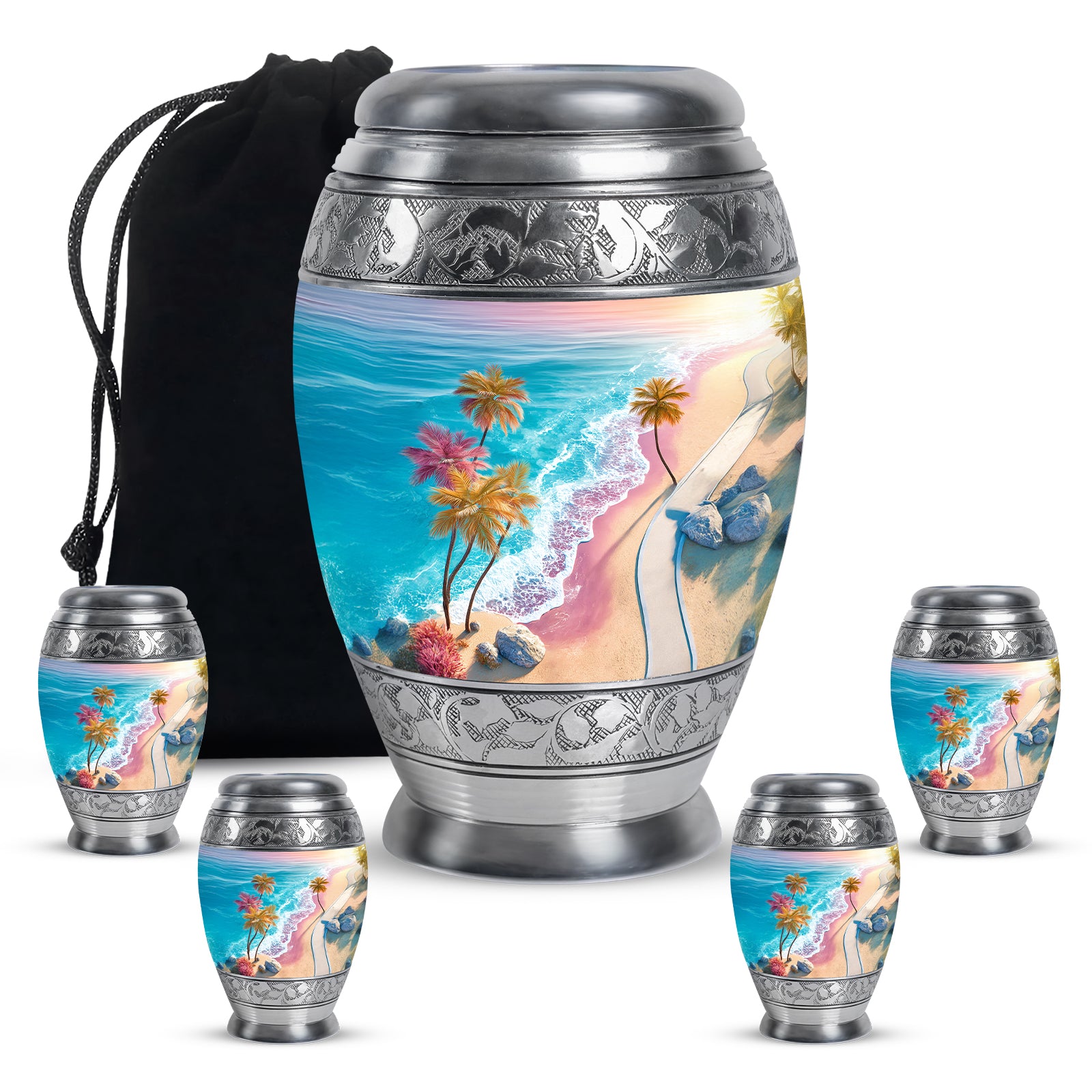 Aqua Teal Beach Cremation Urn detail view - royal beach engraving with decorative scrollwork - memorial set with one large and four small urns