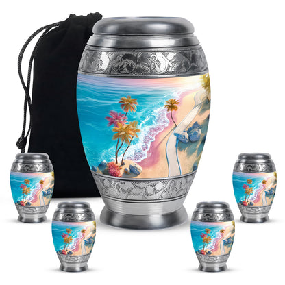 Aqua Teal Beach Cremation Urn detail view - royal beach engraving with decorative scrollwork - memorial set with one large and four small urns