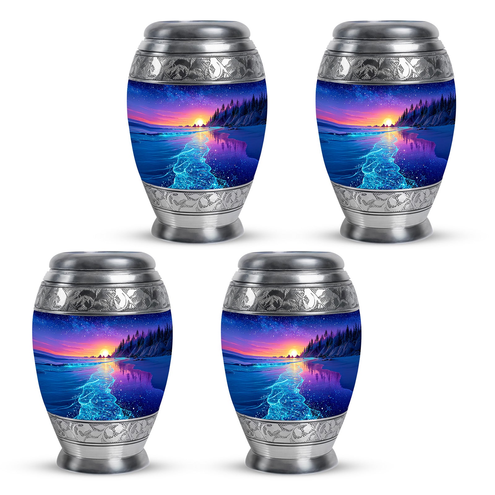 Cobalt Blue Beach Cremation Urn urn with complimentary velvet bag - majestic beach pattern with filigree border - 10 inch aluminum urn for cremated remains