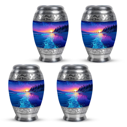 Cobalt Blue Beach Cremation Urn urn with complimentary velvet bag - majestic beach pattern with filigree border - 10 inch aluminum urn for cremated remains