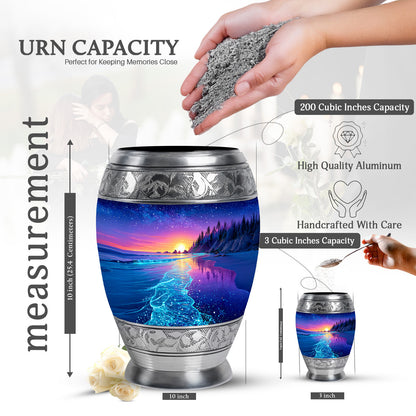 Serene Blue Beach Cremation Urn lifestyle display on memorial shelf - majestic beach pattern with filigree border - mini keepsake memorial for portion of cremation ashes