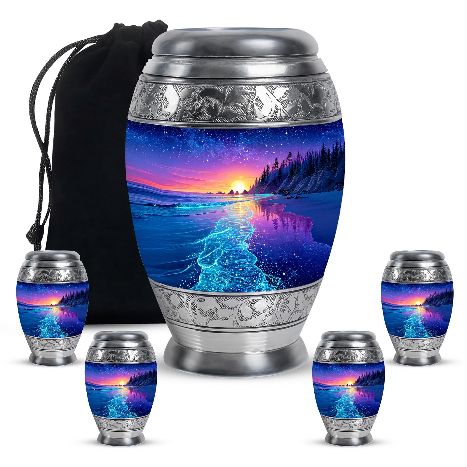 Misty Blue Beach Cremation Urn detail view - ornate monarch-style beach relief on brushed aluminum - memorial set with one large and four small urns