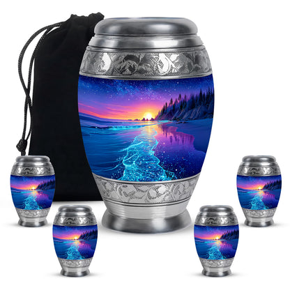 Misty Blue Beach Cremation Urn detail view - ornate monarch-style beach relief on brushed aluminum - memorial set with one large and four small urns