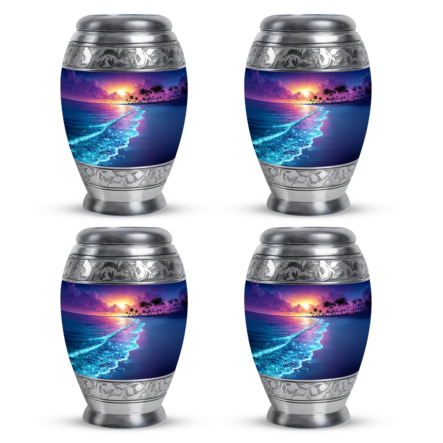 Cobalt Blue Beach Cremation Urn urn with complimentary velvet bag - majestic beach pattern with filigree border - 10 inch aluminum urn for cremated remains