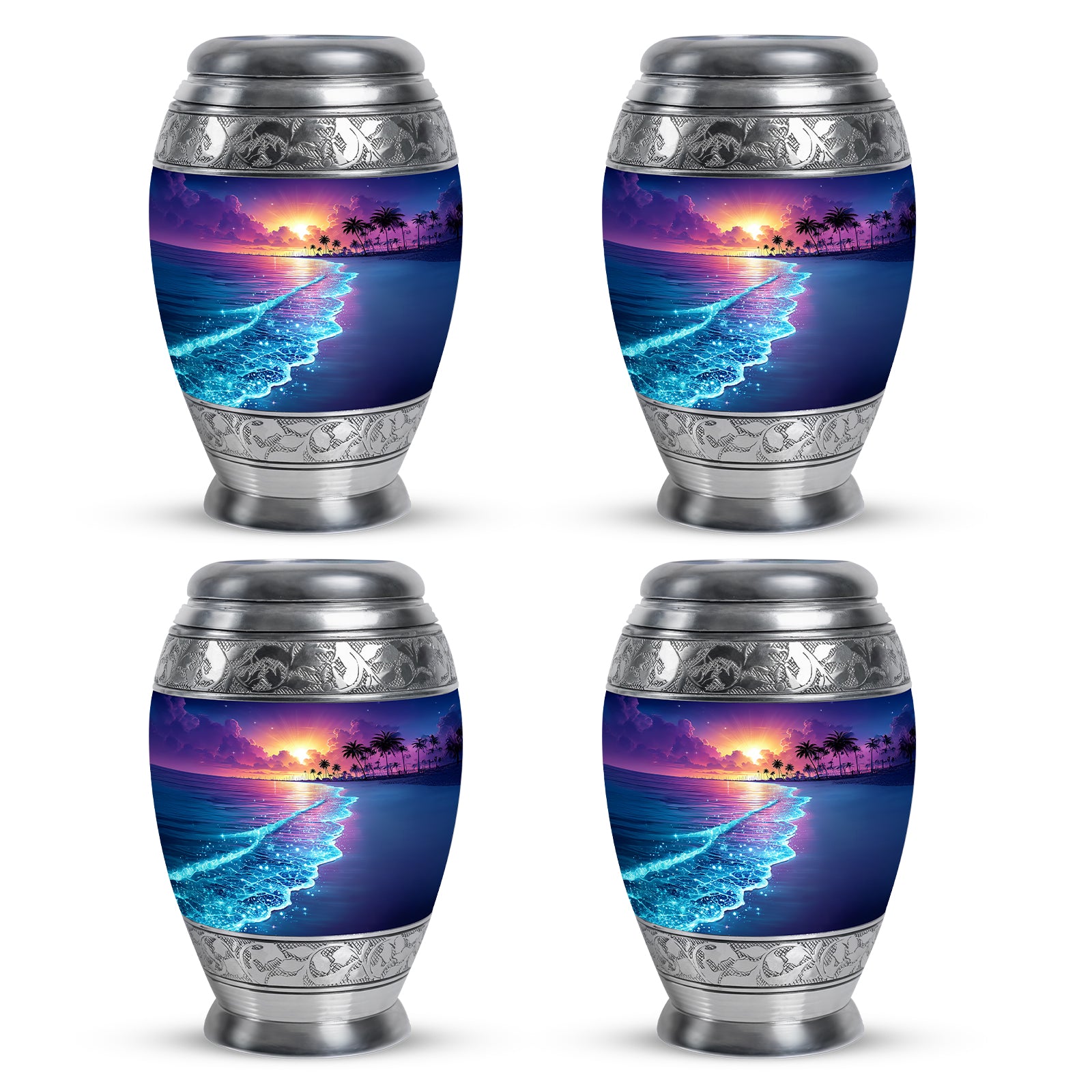 Cobalt Blue Beach Cremation Urn urn with complimentary velvet bag - majestic beach pattern with filigree border - 10 inch aluminum urn for cremated remains