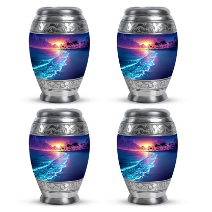 Cobalt Blue Beach Cremation Urn urn with complimentary velvet bag - majestic beach pattern with filigree border - 10 inch aluminum urn for cremated remains