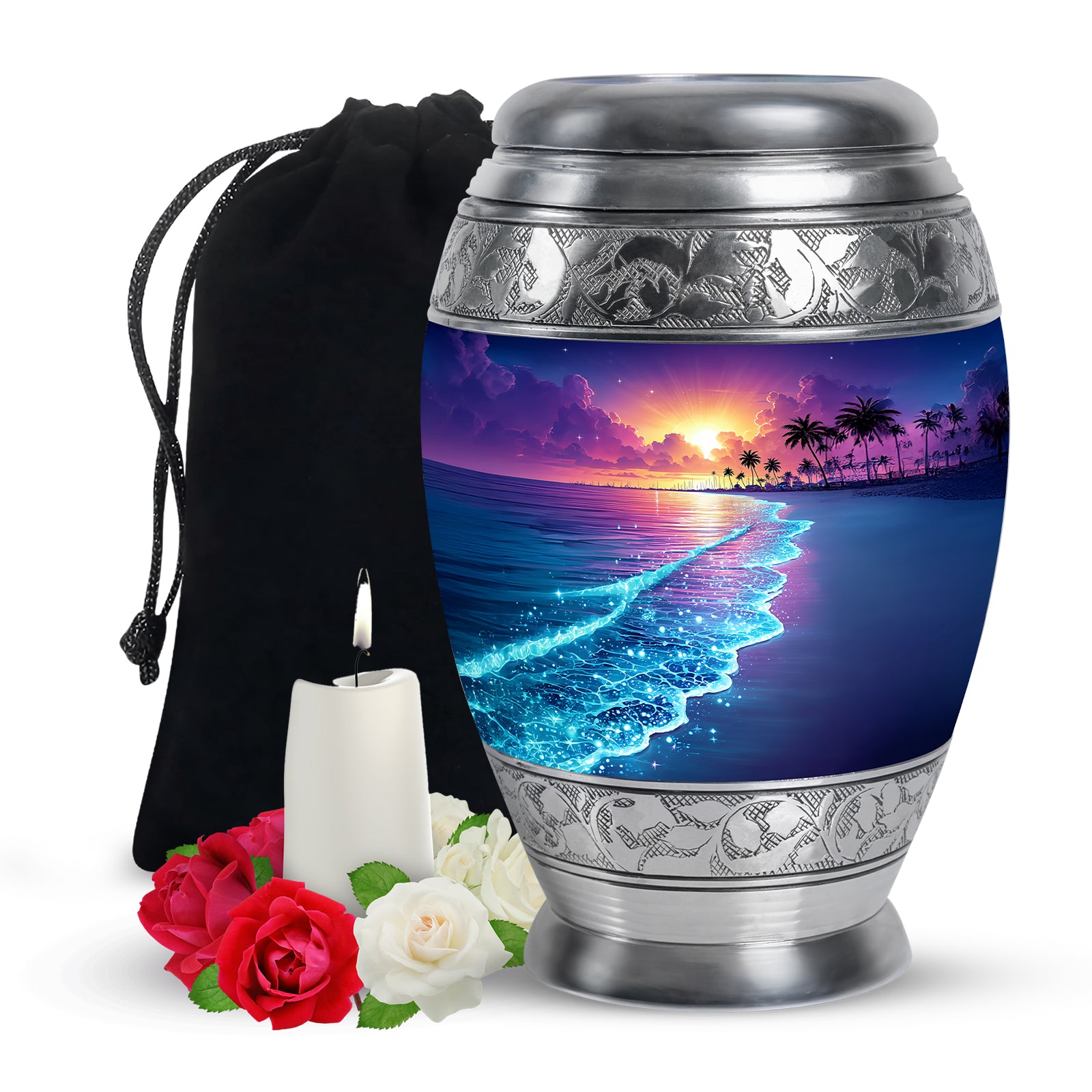 Vivid Blue Beach Cremation Urn back view with polished surface - majestic beach pattern with filigree border - full-size 10 inch 200 cubic inch adult cremation urn