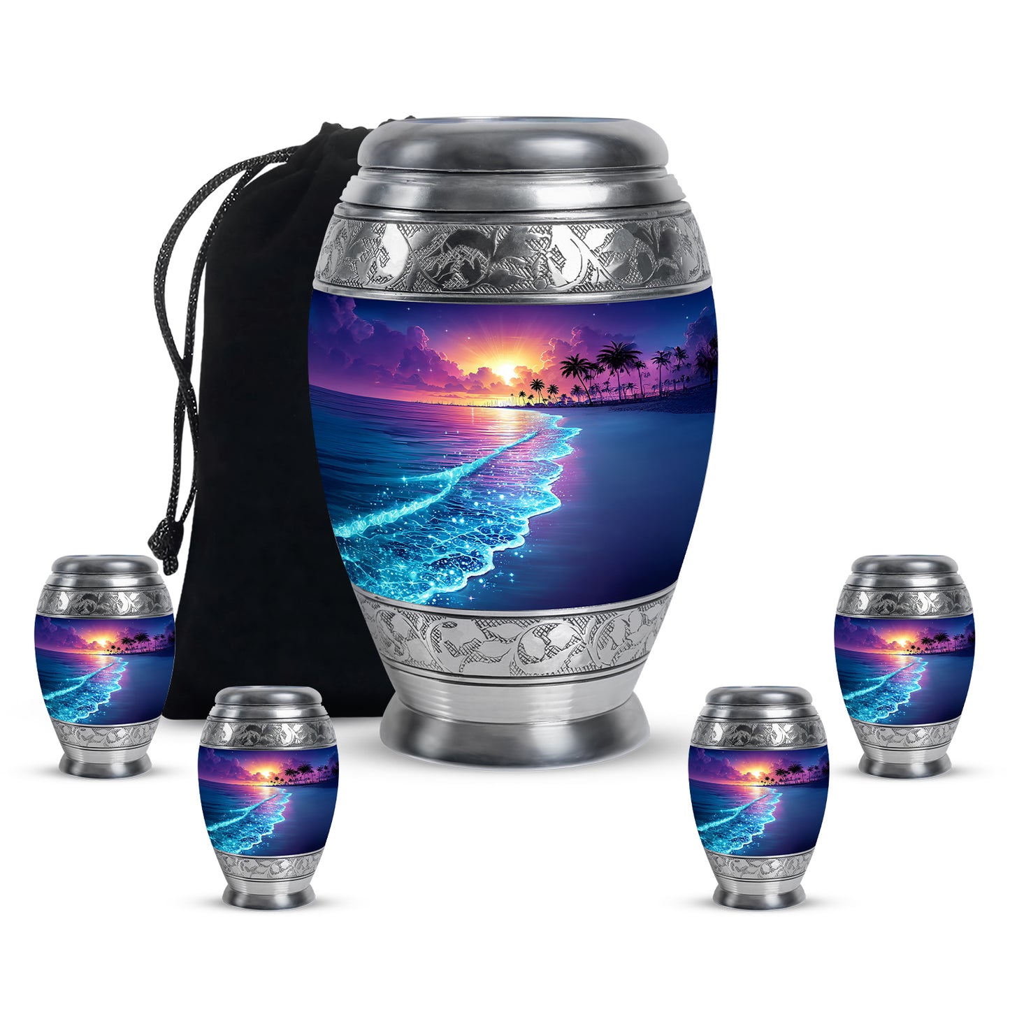 Powder Blue Beach Cremation Urn detail view - ornate monarch-style beach relief on brushed aluminum - memorial set with one large and four small urns