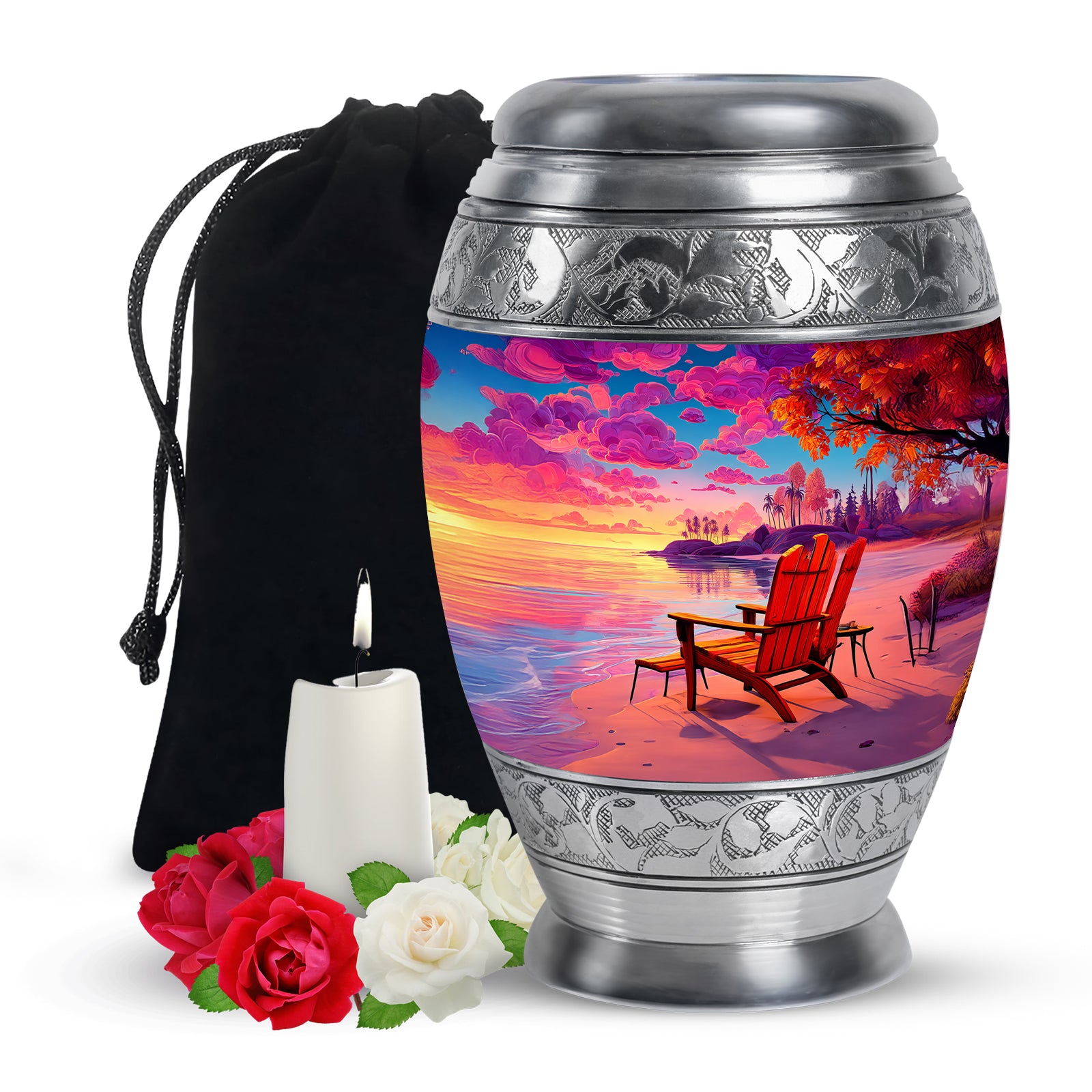 Icy Blue Beach Cremation Urn back view with polished surface - regal beach design with crown-inspired accents - full-size 10 inch 200 cubic inch adult cremation urn