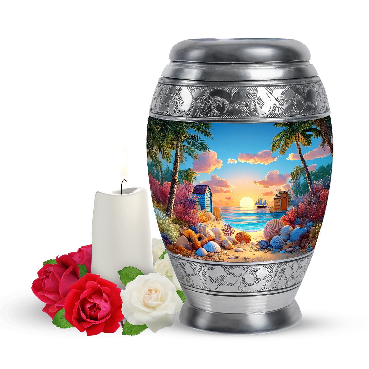 Blue Exquisite Beach Memorial Urn for Ashes - 10-inch, 200 cu in - Yatskia