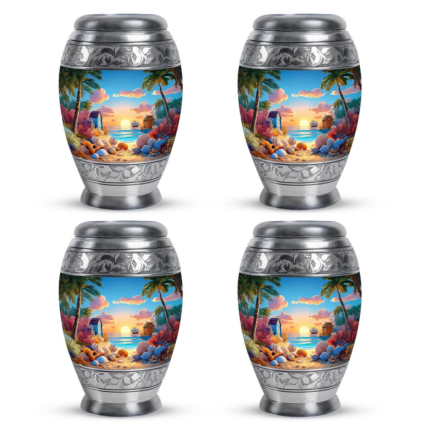Celestial Blue Beach Cremation Urn urn with complimentary velvet bag - regal beach design with crown-inspired accents - 10 inch aluminum urn for cremated remains