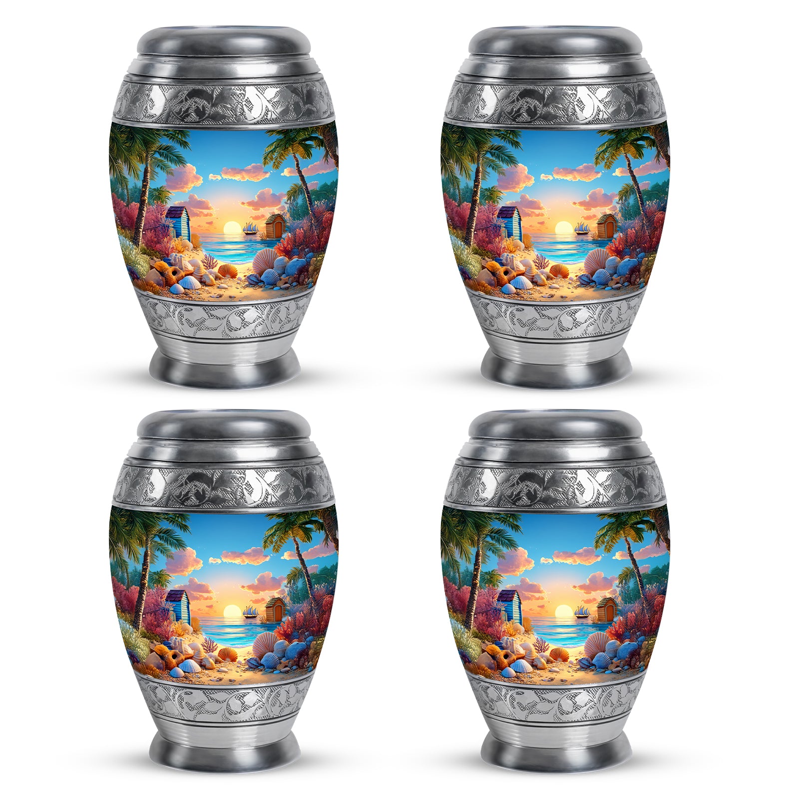 Celestial Blue Beach Cremation Urn urn with complimentary velvet bag - regal beach design with crown-inspired accents - 10 inch aluminum urn for cremated remains
