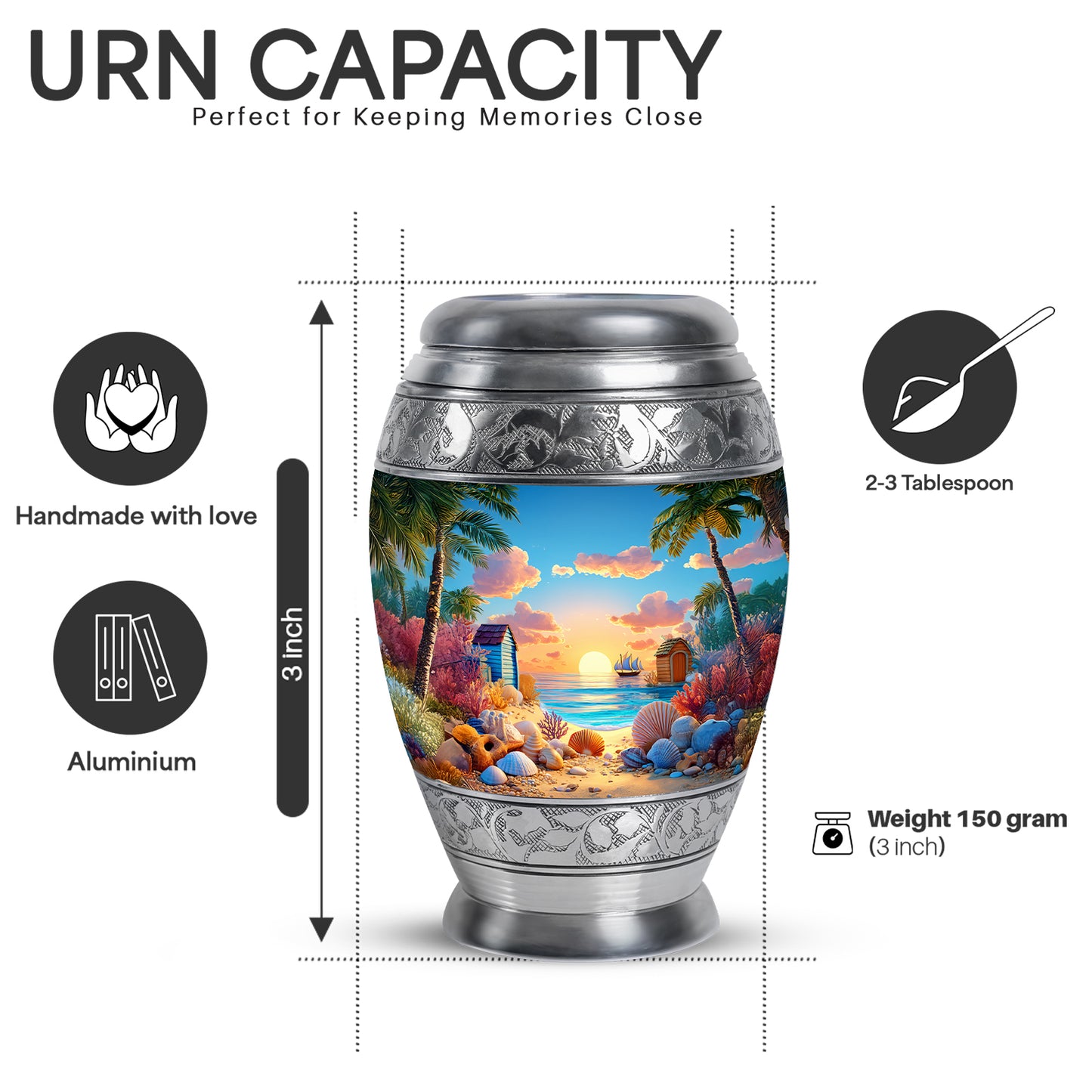 Indigo Beach Cremation Urn lifestyle display on memorial shelf - regal beach design with crown-inspired accents - mini keepsake memorial for portion of cremation ashes