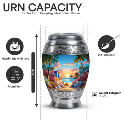 Indigo Beach Cremation Urn lifestyle display on memorial shelf - regal beach design with crown-inspired accents - mini keepsake memorial for portion of cremation ashes