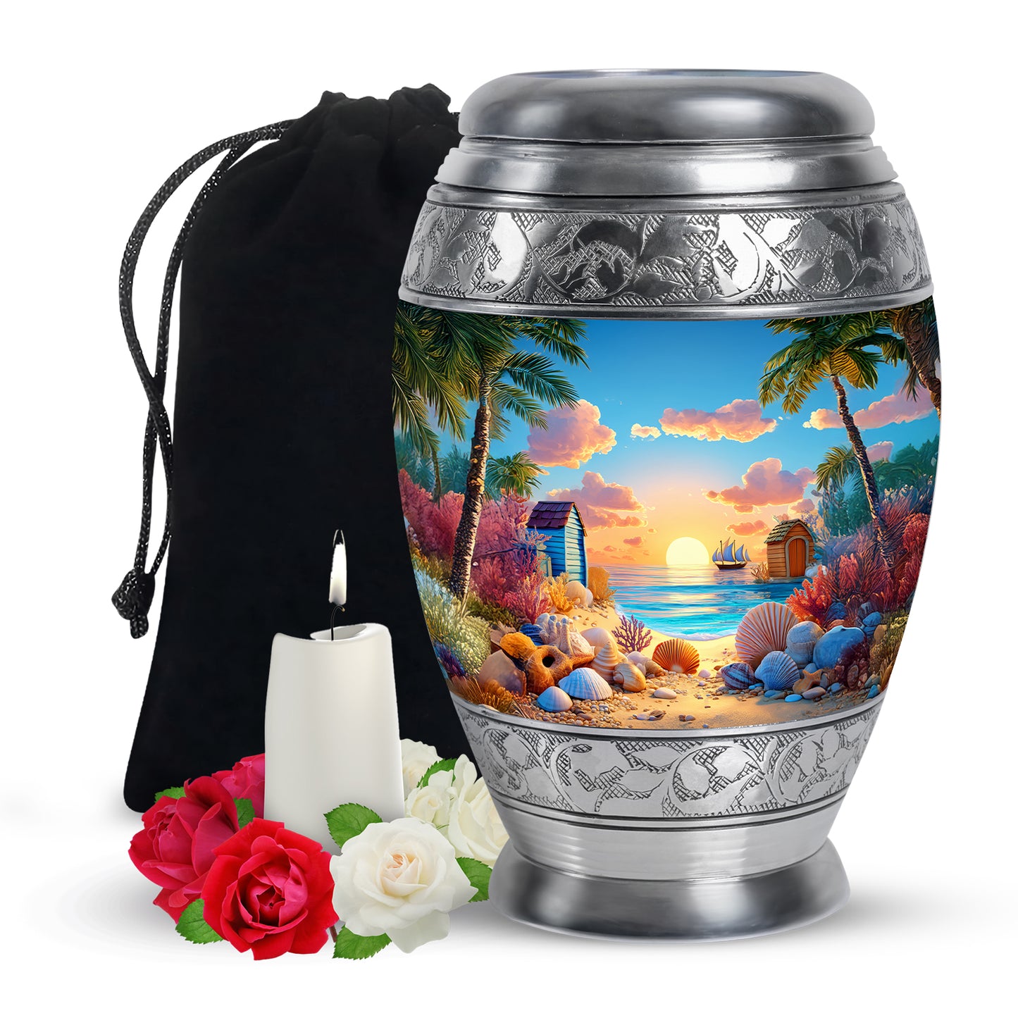 Indigo Beach Cremation Urn back view with polished surface - ornate monarch-style beach relief on brushed aluminum - full-size 10 inch 200 cubic inch adult cremation urn