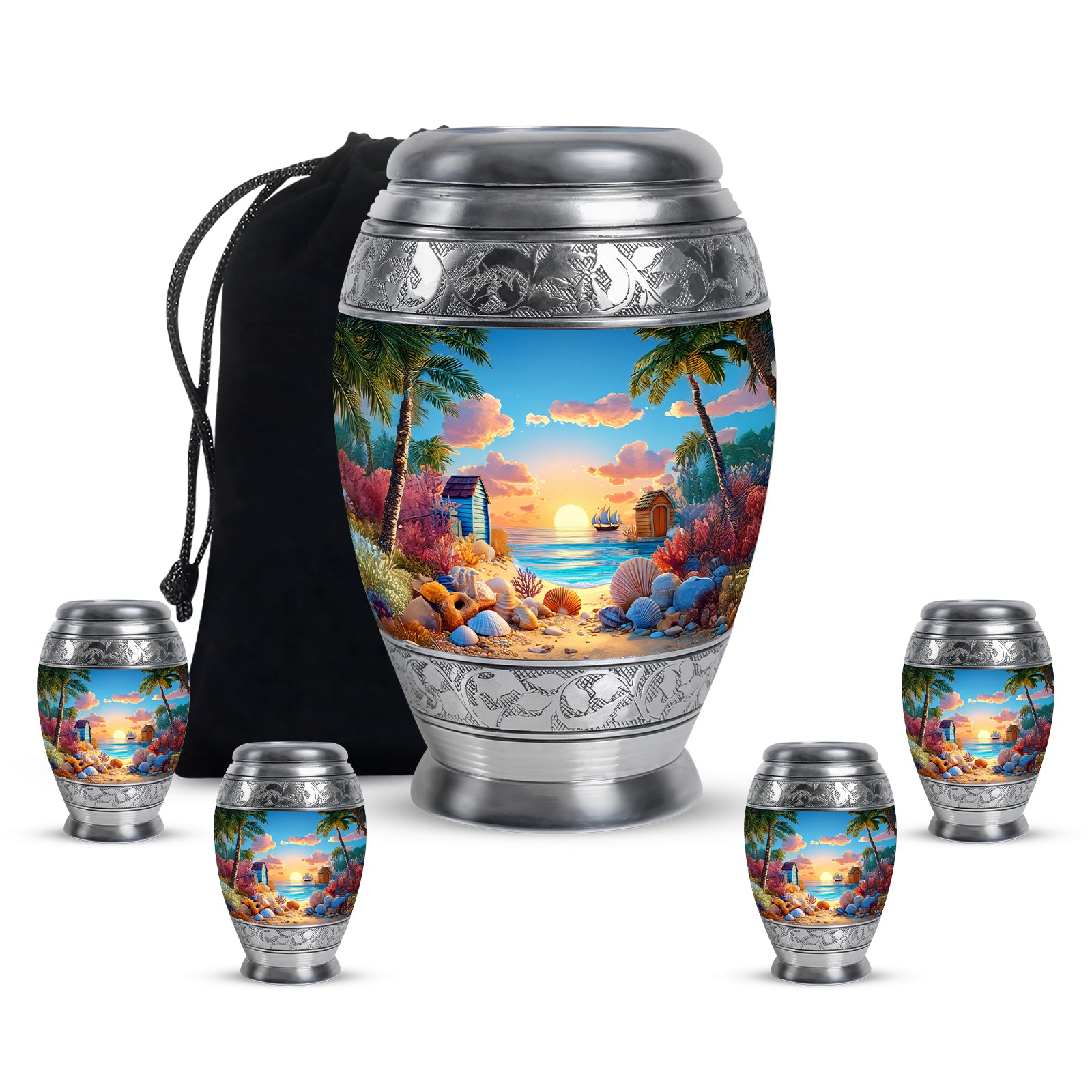Twilight Blue Beach Cremation Urn detail view - majestic beach pattern with filigree border - memorial set with one large and four small urns