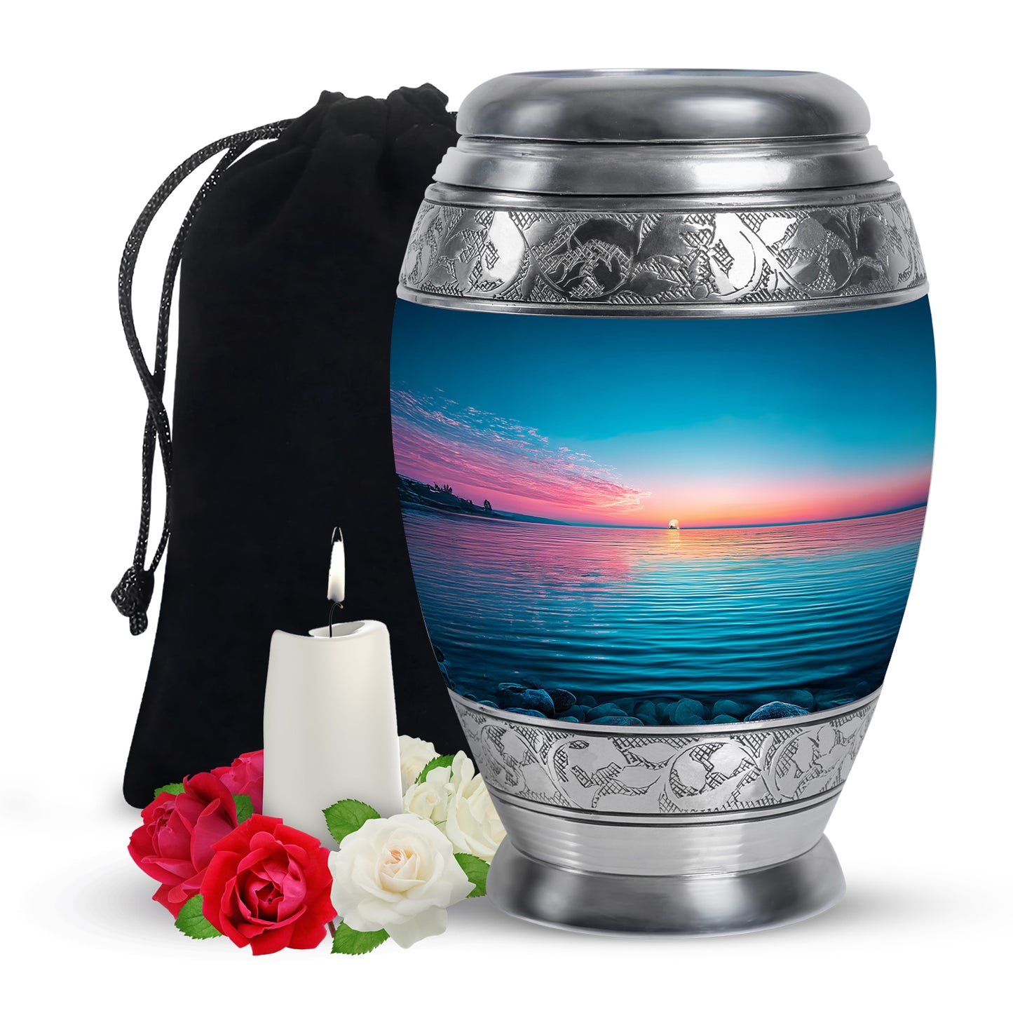 Serene Blue Beach Cremation Urn back view with polished surface - majestic beach pattern with filigree border - full-size 10 inch 200 cubic inch adult cremation urn