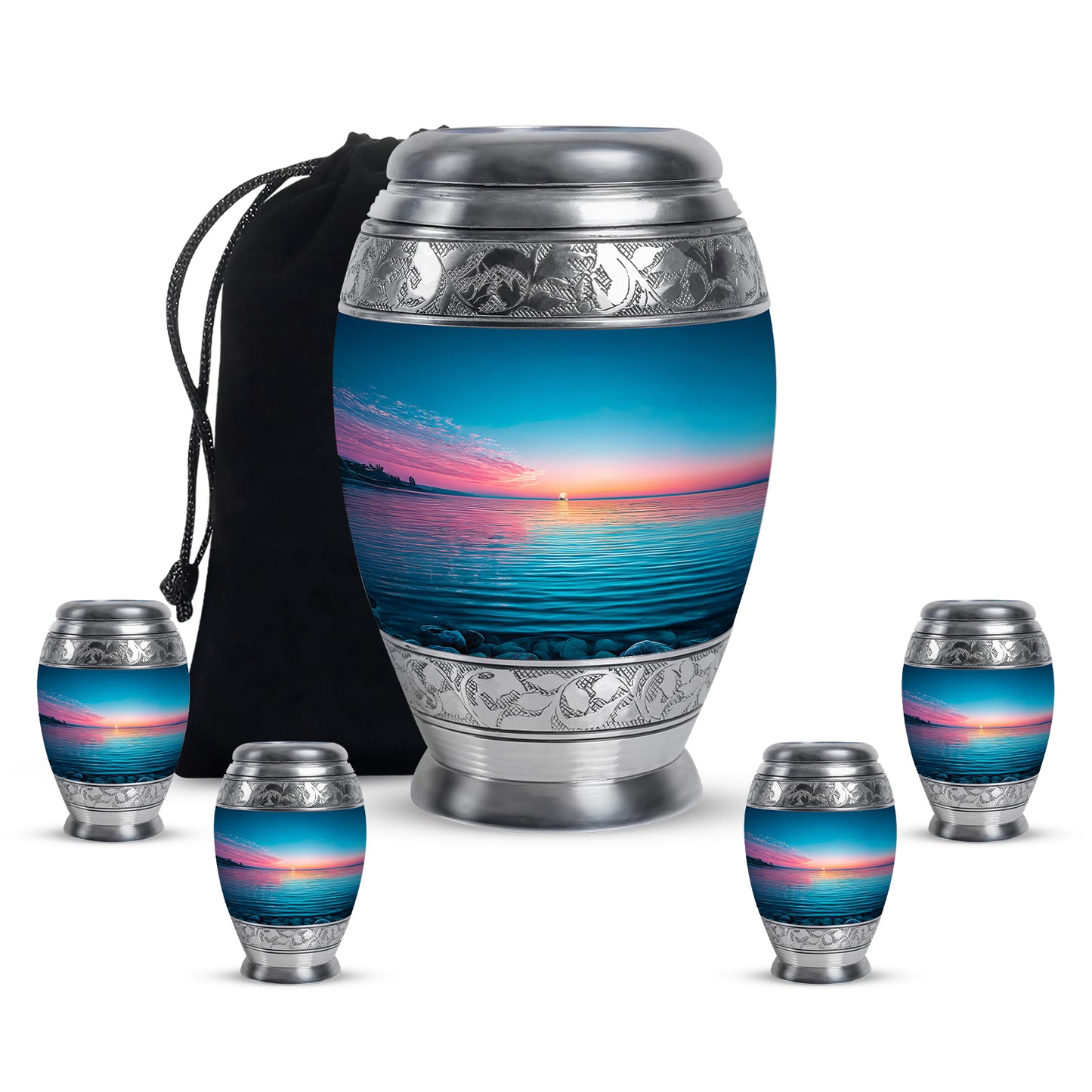Powder Blue Beach Cremation Urn detail view - ornate monarch-style beach relief on brushed aluminum - memorial set with one large and four small urns
