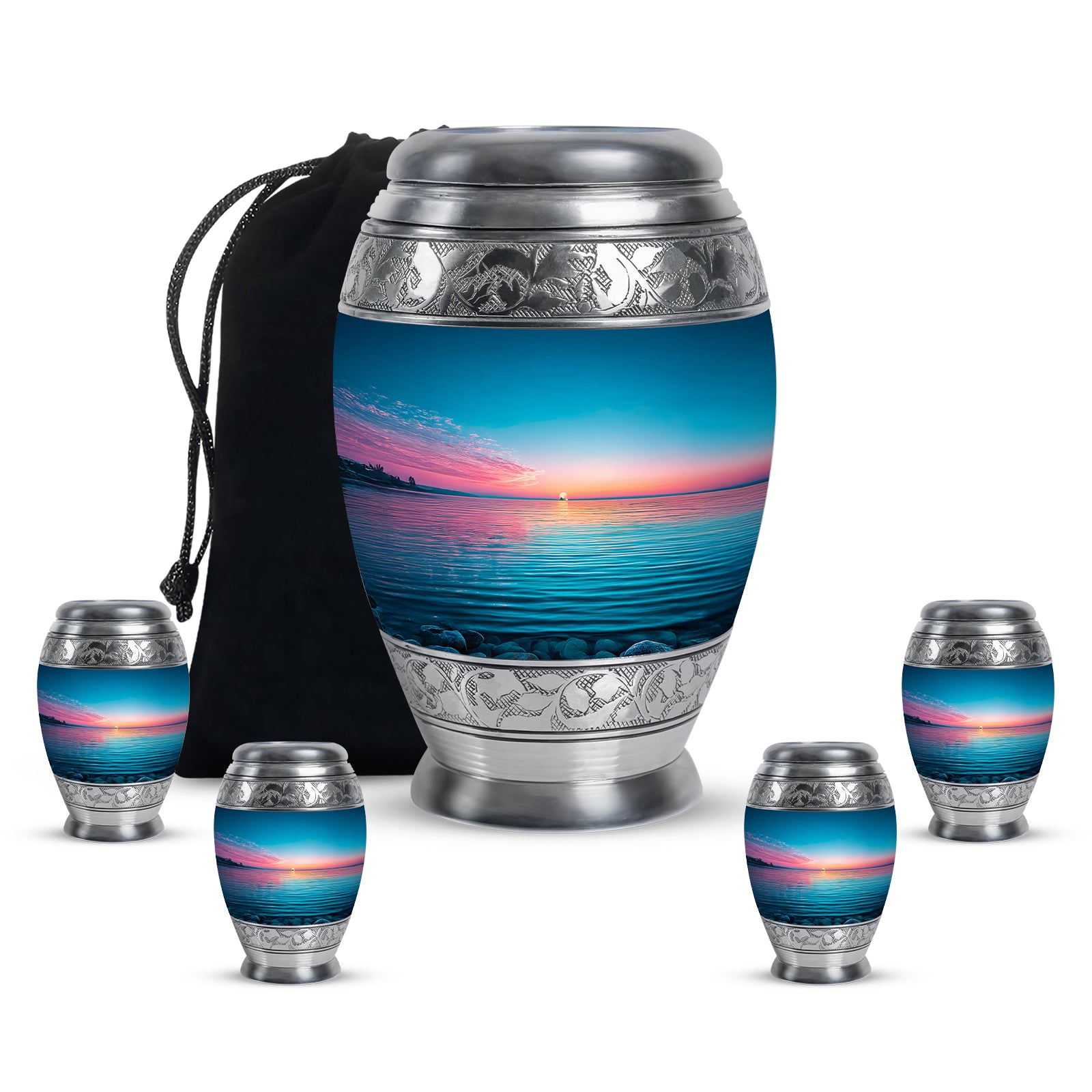 Powder Blue Beach Cremation Urn detail view - ornate monarch-style beach relief on brushed aluminum - memorial set with one large and four small urns