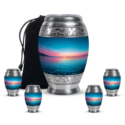 Powder Blue Beach Cremation Urn detail view - ornate monarch-style beach relief on brushed aluminum - memorial set with one large and four small urns