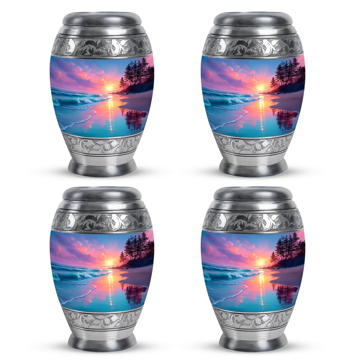 Twilight Blue Beach Cremation Urn urn with complimentary velvet bag - royal beach engraving with decorative scrollwork - 10 inch aluminum urn for cremated remains