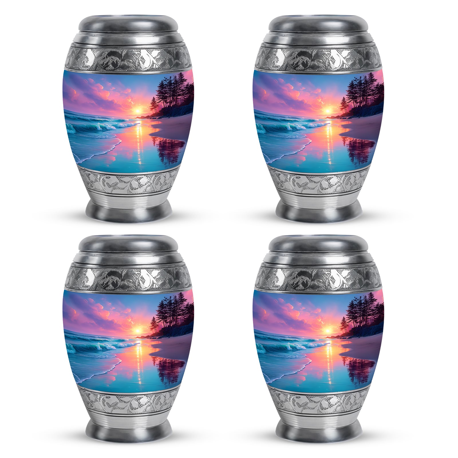 Twilight Blue Beach Cremation Urn urn with complimentary velvet bag - royal beach engraving with decorative scrollwork - 10 inch aluminum urn for cremated remains