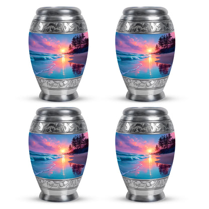 Twilight Blue Beach Cremation Urn urn with complimentary velvet bag - royal beach engraving with decorative scrollwork - 10 inch aluminum urn for cremated remains