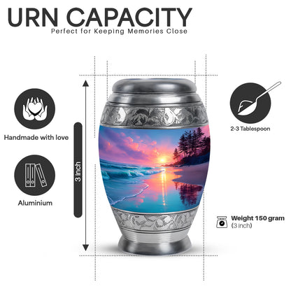 Indigo Beach Cremation Urn lifestyle display on memorial shelf - regal beach design with crown-inspired accents - mini keepsake memorial for portion of cremation ashes