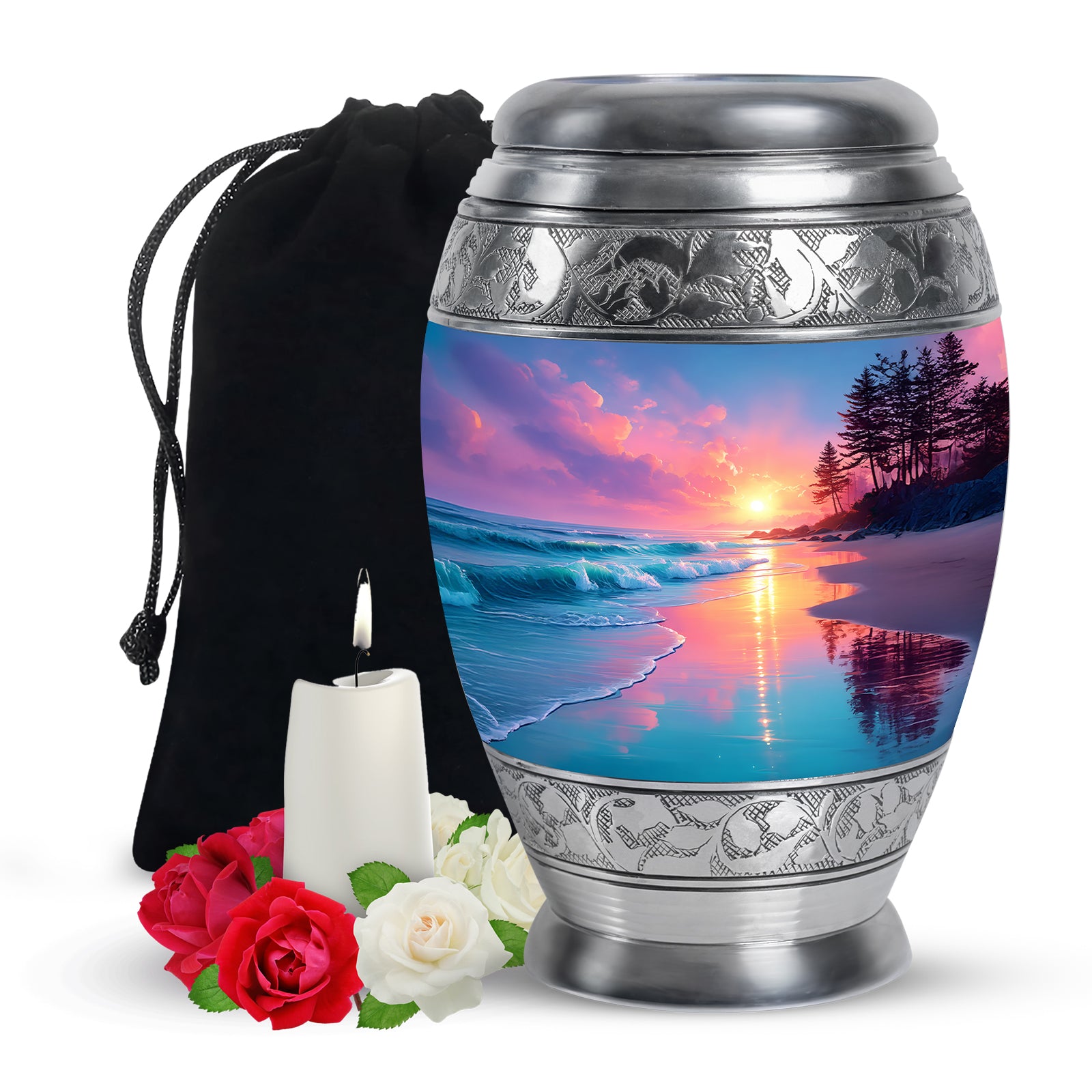 Navy Blue Beach Cremation Urn back view with polished surface - ornate monarch-style beach relief on brushed aluminum - full-size 10 inch 200 cubic inch adult cremation urn