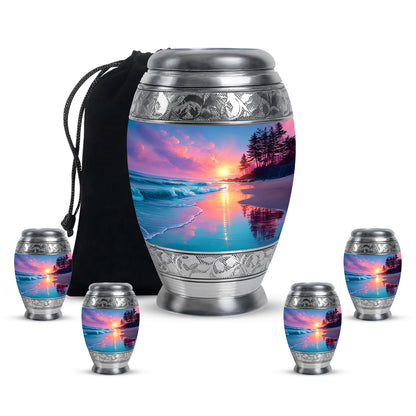Icy Blue Beach Cremation Urn detail view - ornate monarch-style beach relief on brushed aluminum - memorial set with one large and four small urns