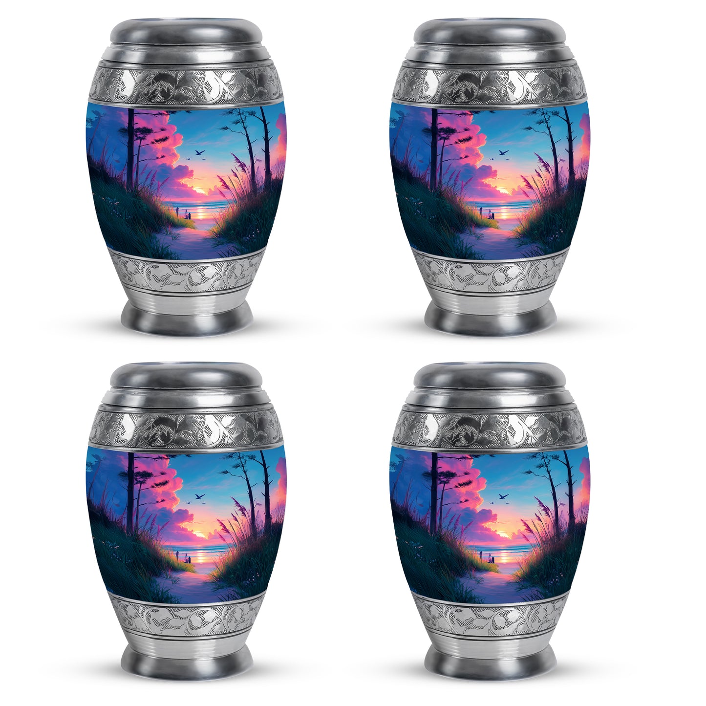 Steel Blue Beach Cremation Urn urn with complimentary velvet bag - majestic beach pattern with filigree border - 10 inch aluminum urn for cremated remains