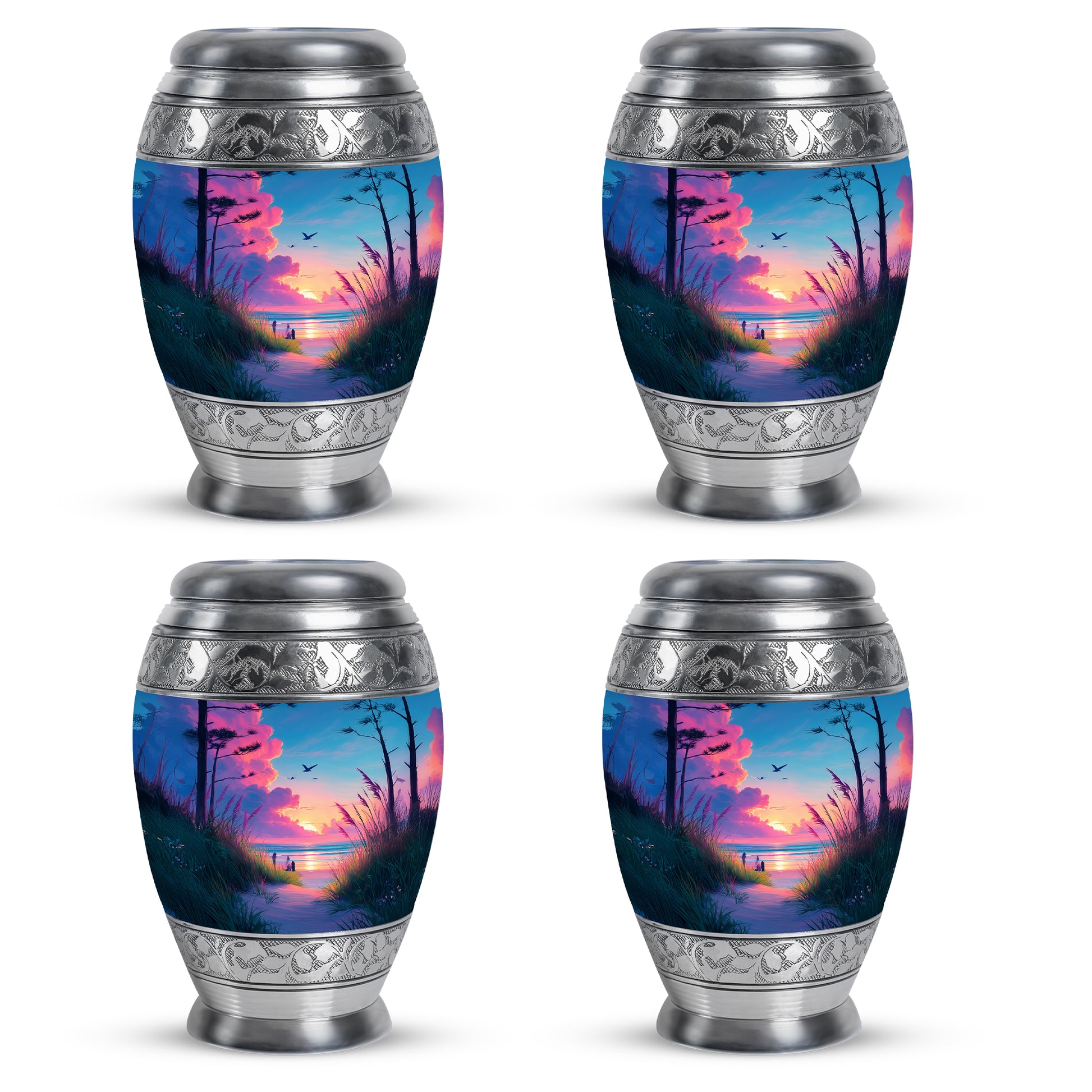 Steel Blue Beach Cremation Urn urn with complimentary velvet bag - majestic beach pattern with filigree border - 10 inch aluminum urn for cremated remains