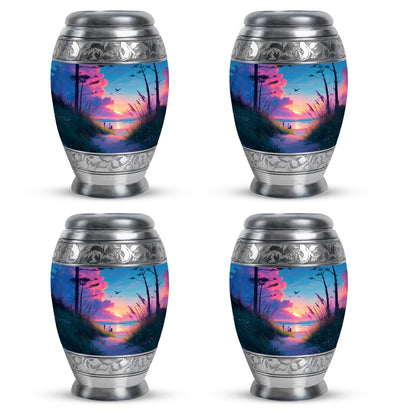 Steel Blue Beach Cremation Urn urn with complimentary velvet bag - majestic beach pattern with filigree border - 10 inch aluminum urn for cremated remains