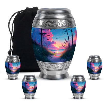 Cornflower Blue Beach Cremation Urn detail view - royal beach engraving with decorative scrollwork - memorial set with one large and four small urns
