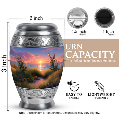 Navy Blue Beach Cremation Urn lifestyle display on memorial shelf - ornate monarch-style beach relief on brushed aluminum - mini keepsake memorial for portion of cremation ashes