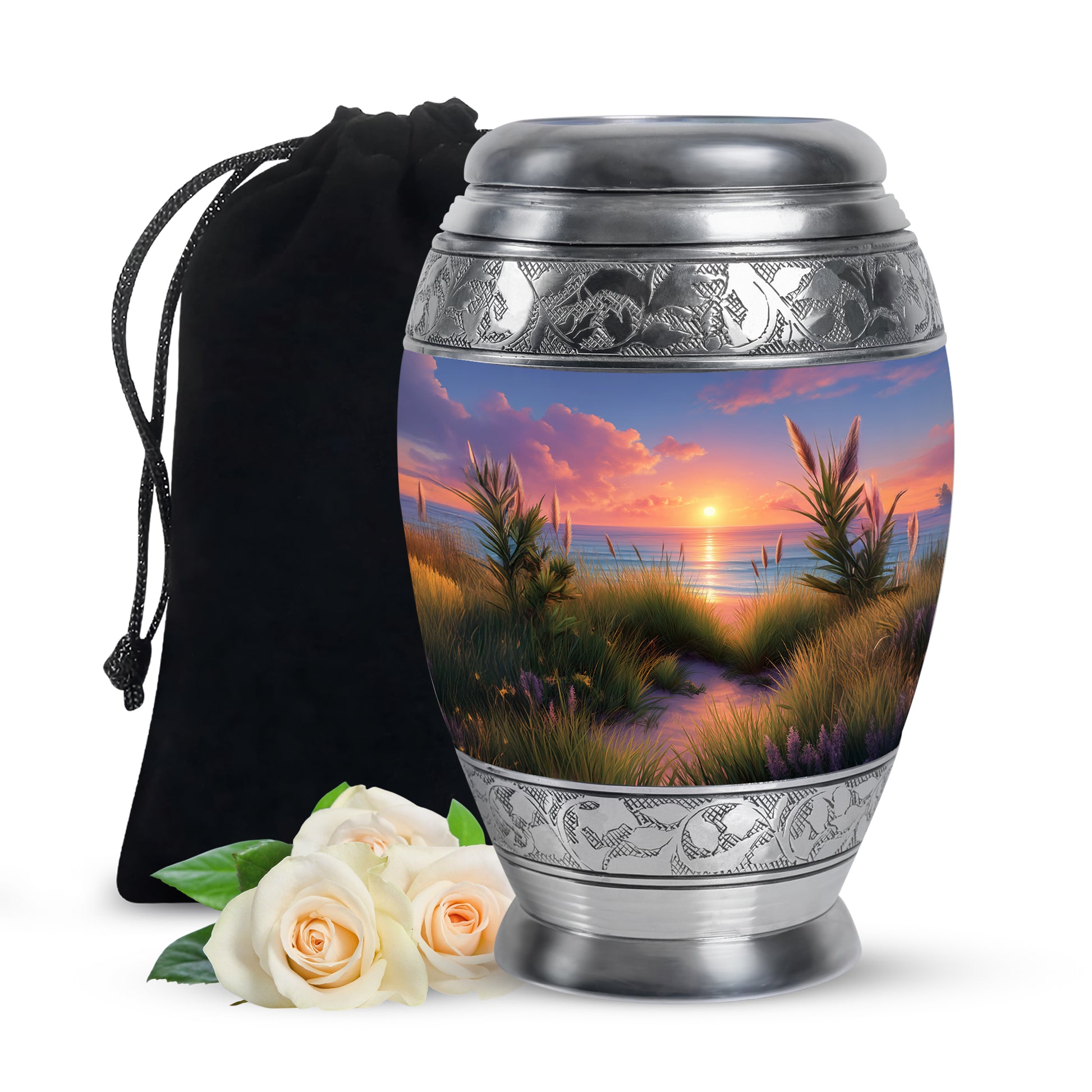 Dusty Blue Beach Cremation Urn back view with polished surface - regal beach design with crown-inspired accents - full-size 10 inch 200 cubic inch adult cremation urn