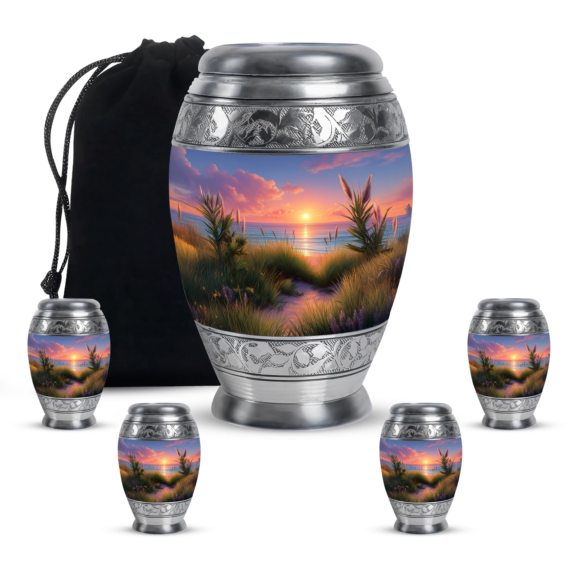 Azure Beach Cremation Urn detail view - regal beach design with crown-inspired accents - memorial set with one large and four small urns