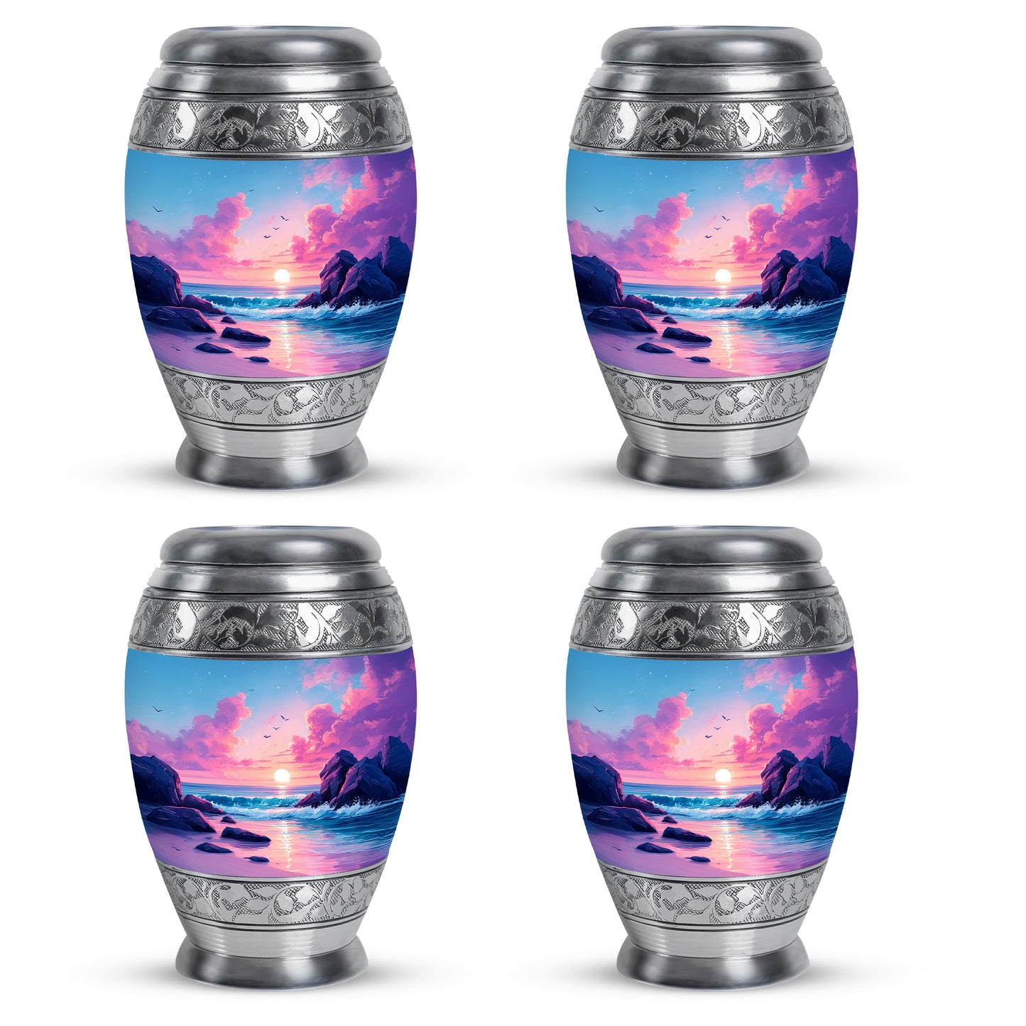 Soft Blue Beach Cremation Urn urn with complimentary velvet bag - majestic beach pattern with filigree border - 10 inch aluminum urn for cremated remains
