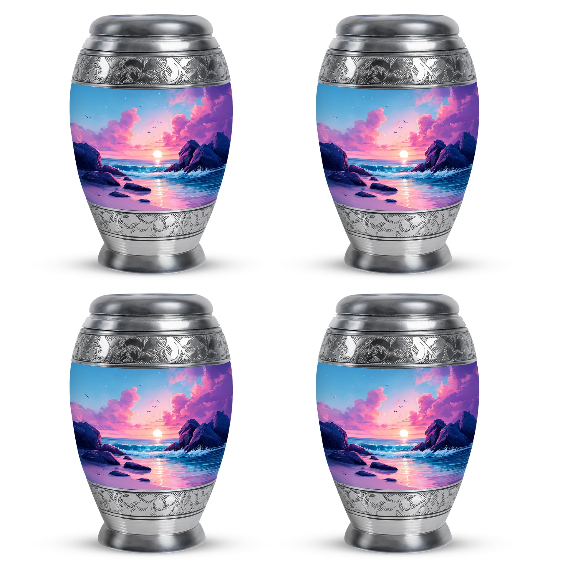 Soft Blue Beach Cremation Urn urn with complimentary velvet bag - majestic beach pattern with filigree border - 10 inch aluminum urn for cremated remains