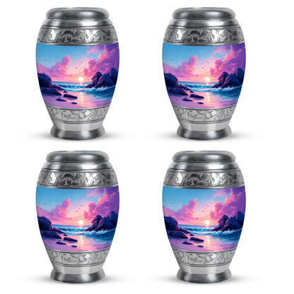 Soft Blue Beach Cremation Urn urn with complimentary velvet bag - majestic beach pattern with filigree border - 10 inch aluminum urn for cremated remains