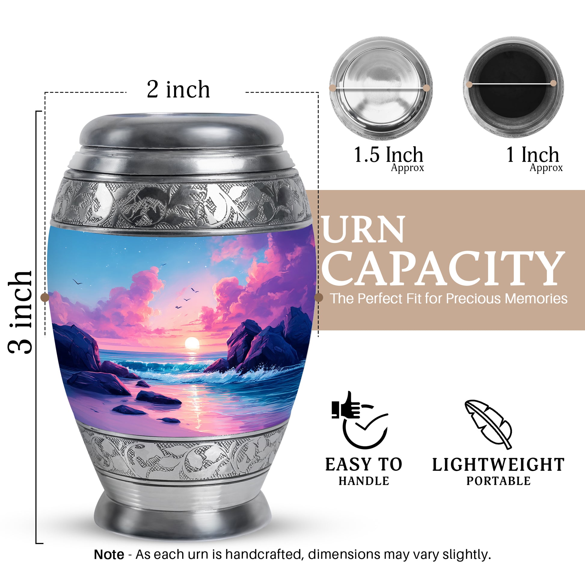 Slate Blue Beach Cremation Urn lifestyle display on memorial shelf - ornate monarch-style beach relief on brushed aluminum - mini keepsake memorial for portion of cremation ashes