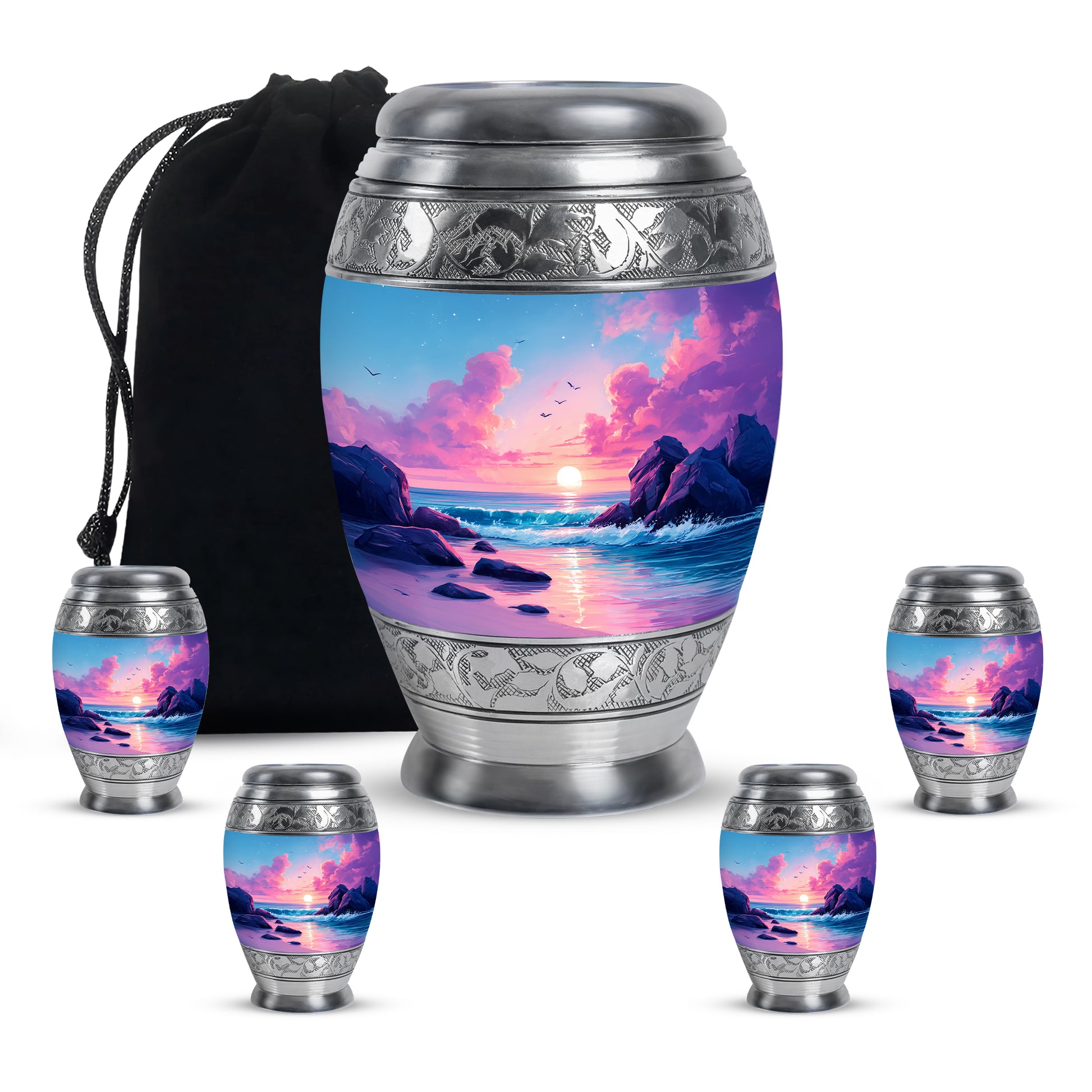 Cornflower Blue Beach Cremation Urn detail view - majestic beach pattern with filigree border - memorial set with one large and four small urns