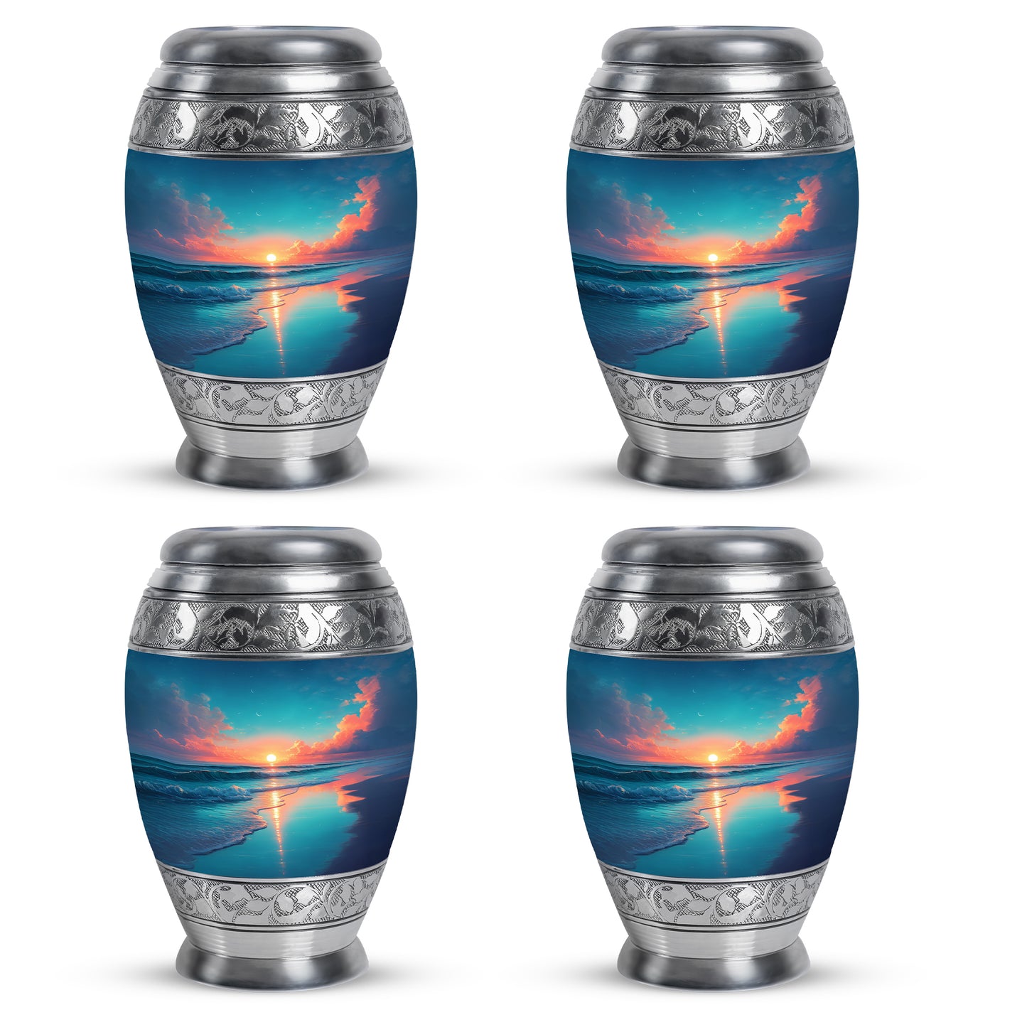 Bright Blue Beach Cremation Urn urn with complimentary velvet bag - majestic beach pattern with filigree border - 10 inch aluminum urn for cremated remains