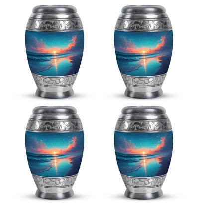 Bright Blue Beach Cremation Urn urn with complimentary velvet bag - majestic beach pattern with filigree border - 10 inch aluminum urn for cremated remains