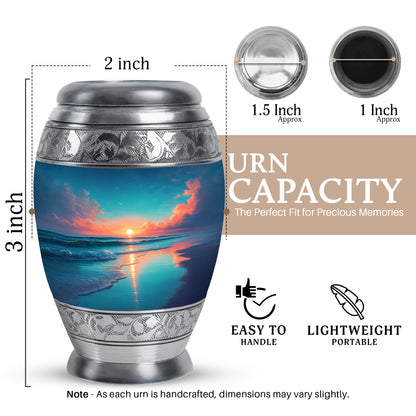 Cornflower Blue Beach Cremation Urn lifestyle display on memorial shelf - royal beach engraving with decorative scrollwork - mini keepsake memorial for portion of cremation ashes
