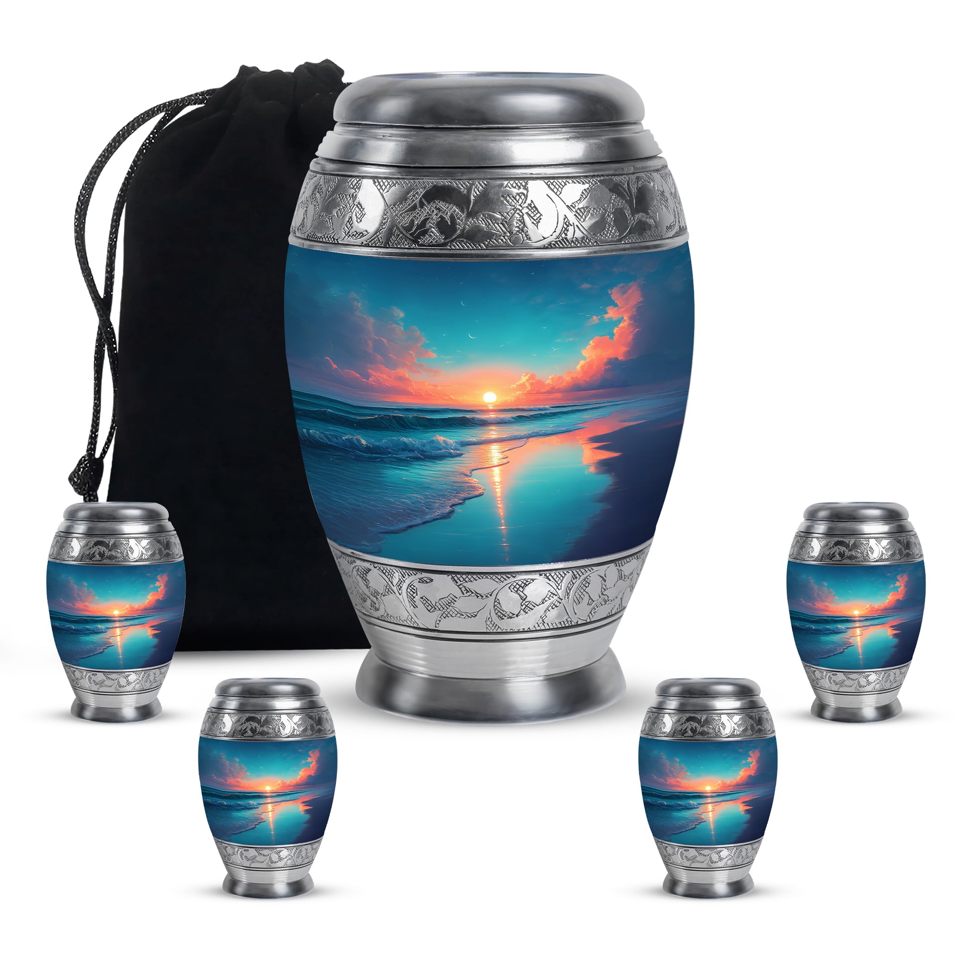 Powder Blue Beach Cremation Urn detail view - ornate monarch-style beach relief on brushed aluminum - memorial set with one large and four small urns