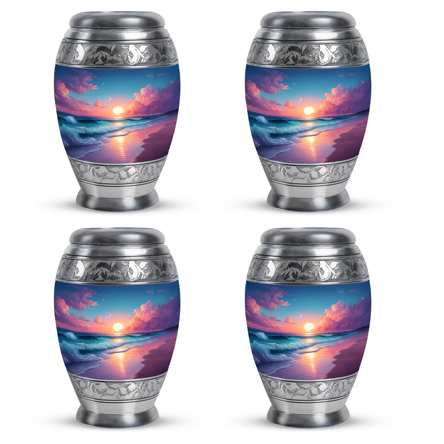Pastel Blue Beach Cremation Urn urn with complimentary velvet bag - regal beach design with crown-inspired accents - 10 inch aluminum urn for cremated remains