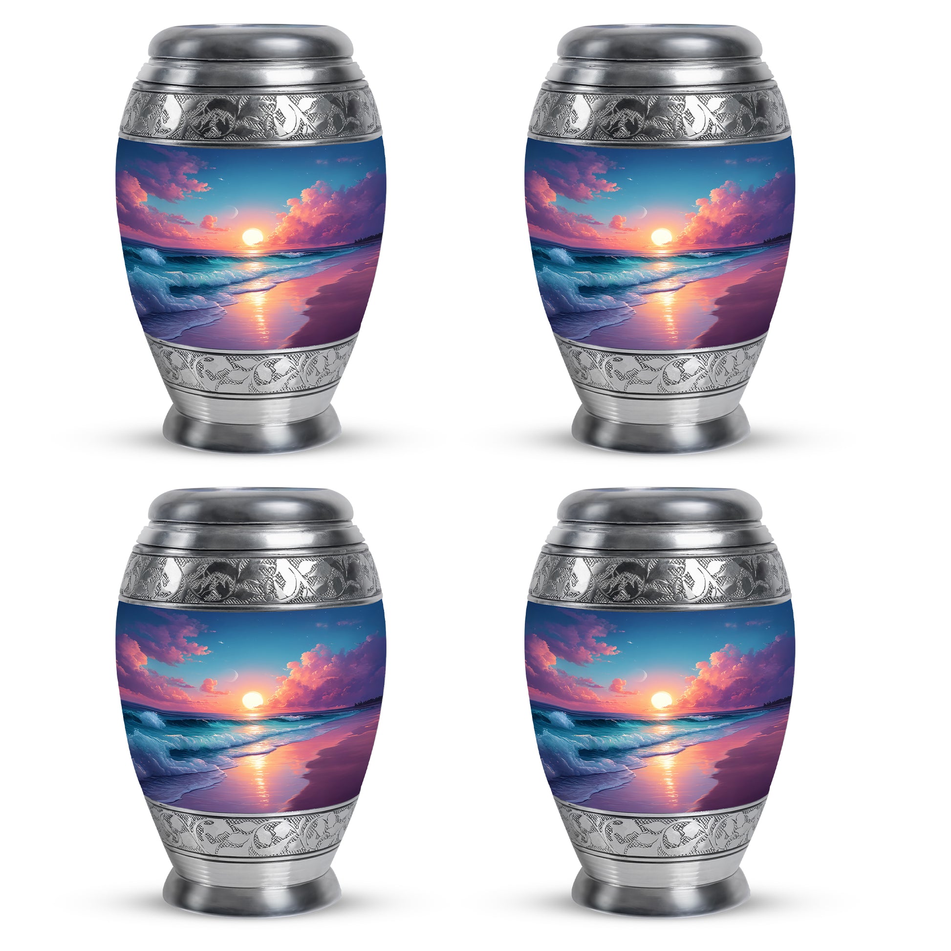 Pastel Blue Beach Cremation Urn urn with complimentary velvet bag - regal beach design with crown-inspired accents - 10 inch aluminum urn for cremated remains