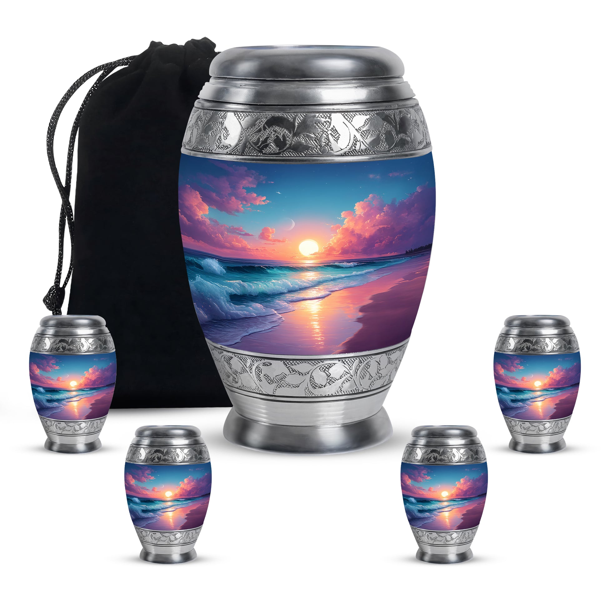 Vivid Blue Beach Cremation Urn detail view - majestic beach pattern with filigree border - memorial set with one large and four small urns